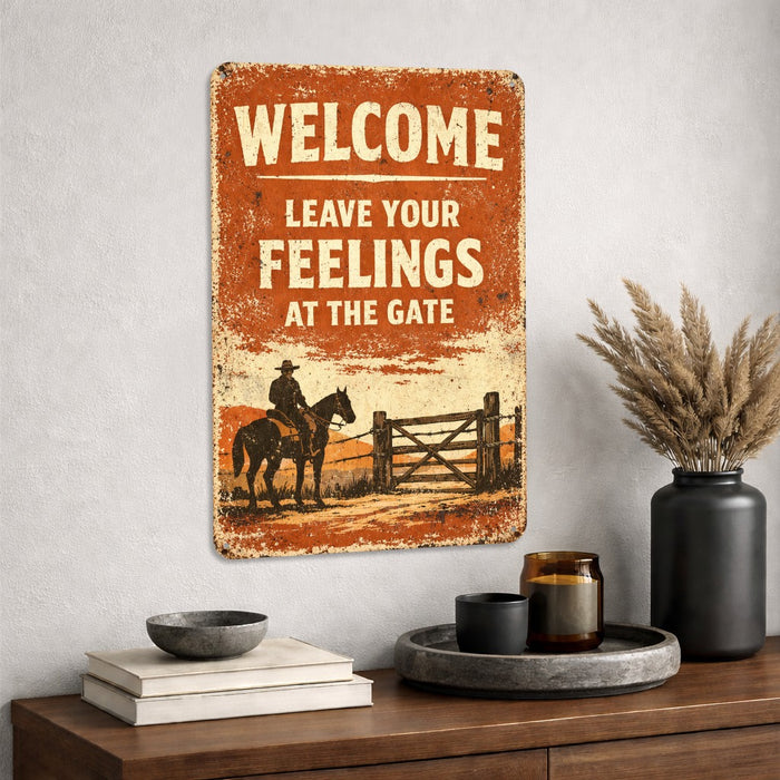 Leave Your Feelings At The Door Rustic Metal Sign