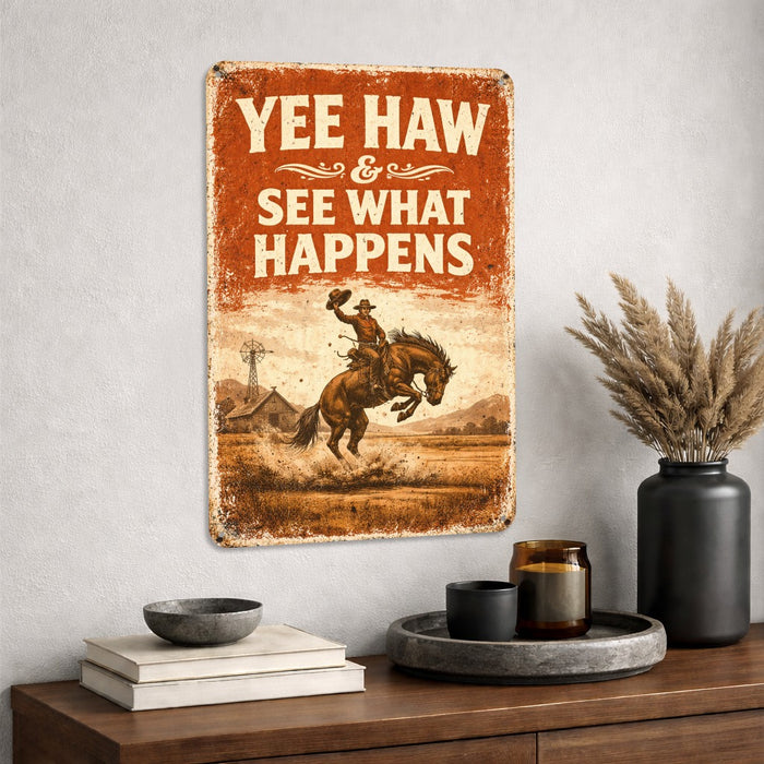 Yee Haw & See What Happens Rustic Metal Sign
