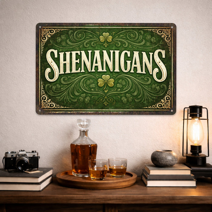 Shenanigans St. Patrick’s Day Rustic Metal Sign – Irish Pub Décor