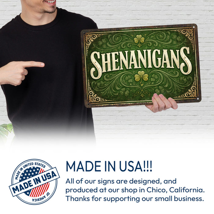 Shenanigans St. Patrick’s Day Rustic Metal Sign – Irish Pub Décor
