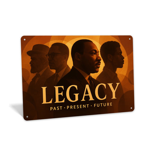 Rustic metal sign featuring the word “Legacy” with abstract, ghosted historical imagery, designed as cultural wall décor