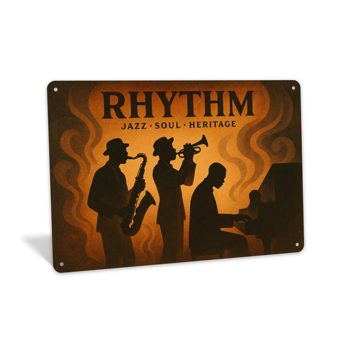 Rustic metal wall sign reading “Rhythm” with jazz-inspired musician silhouettes, designed as music-themed wall décor.
