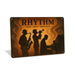Rustic metal wall sign reading “Rhythm” with jazz-inspired musician silhouettes, designed as music-themed wall décor.