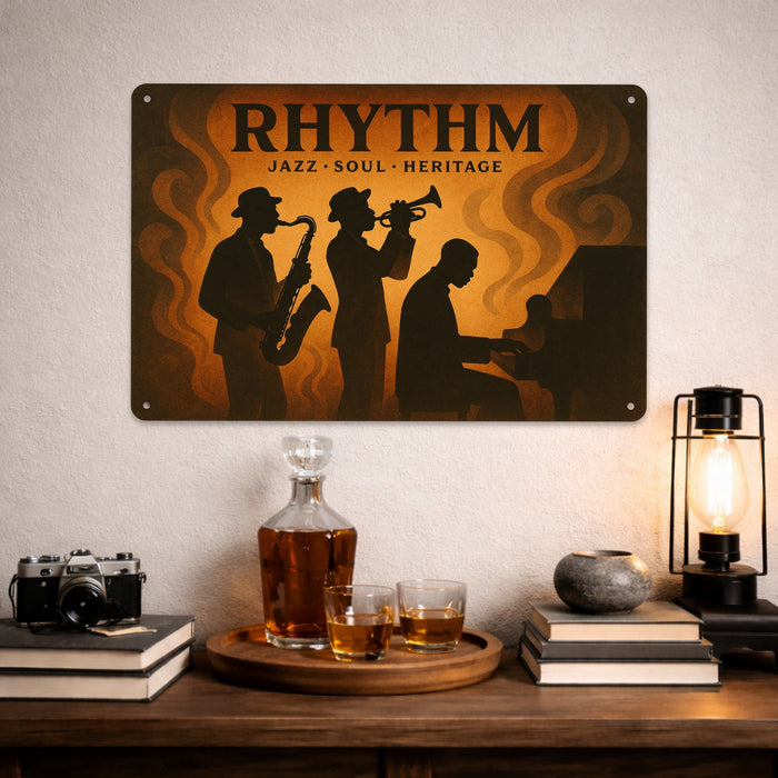 Rhythm Rustic Metal Sign – Jazz Music Wall Décor