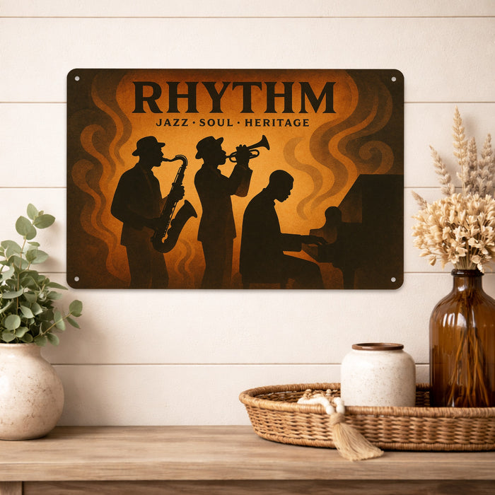 Rhythm Rustic Metal Sign – Jazz Music Wall Décor