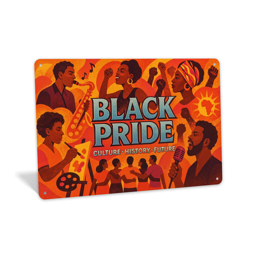 Rustic metal wall sign reading “Black Pride” with cultural design elements, created as decorative heritage wall art.