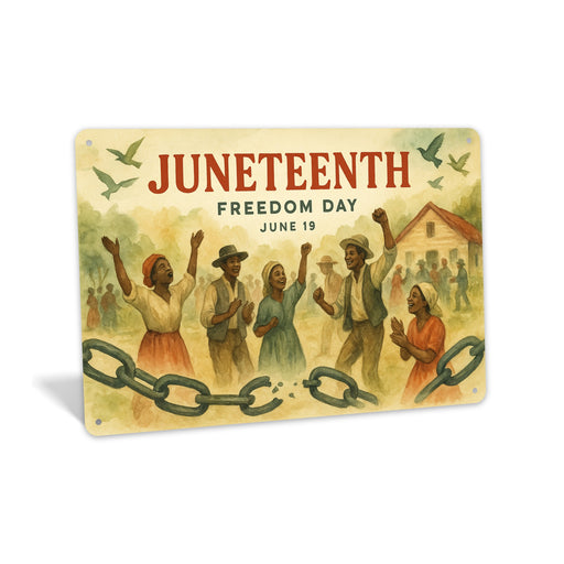 Rustic metal sign reading “Juneteenth” with symbolic design elements, created as cultural heritage wall décor honoring freedom and history.