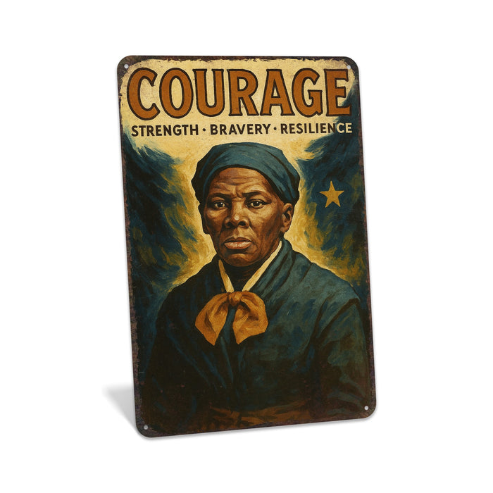 Rustic metal wall sign reading “Courage” with historical portrait imagery, designed as inspirational legacy wall décor.