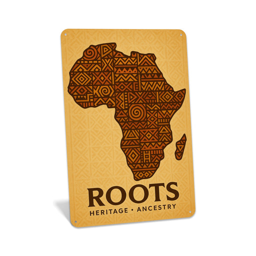 Rustic metal wall sign reading “Roots” with a symbolic image of Africa, designed as ancestral heritage wall décor.
