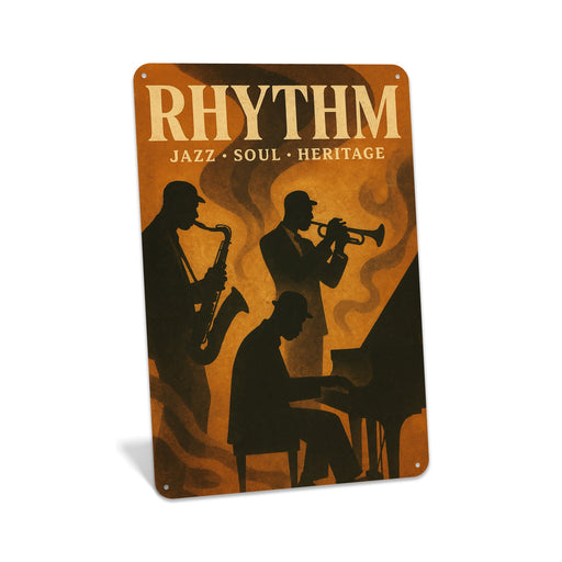 Vertical rustic metal wall sign reading “Rhythm” with jazz-inspired design, created as music-themed wall décor.