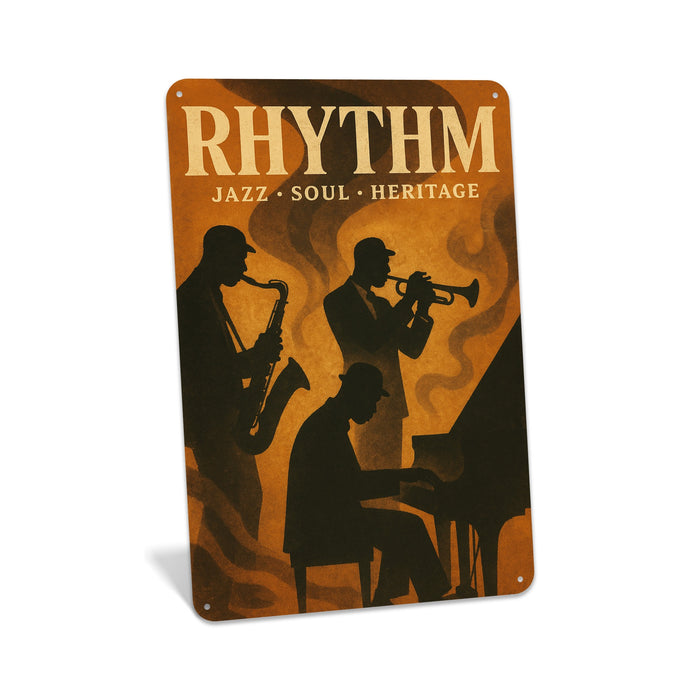 Vertical rustic metal wall sign reading “Rhythm” with jazz-inspired design, created as music-themed wall décor.
