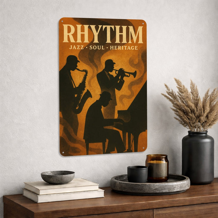Rhythm Vertical Rustic Metal Sign – Jazz Music Wall Décor