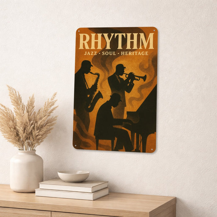 Rhythm Vertical Rustic Metal Sign – Jazz Music Wall Décor