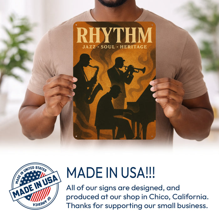 Rhythm Vertical Rustic Metal Sign – Jazz Music Wall Décor