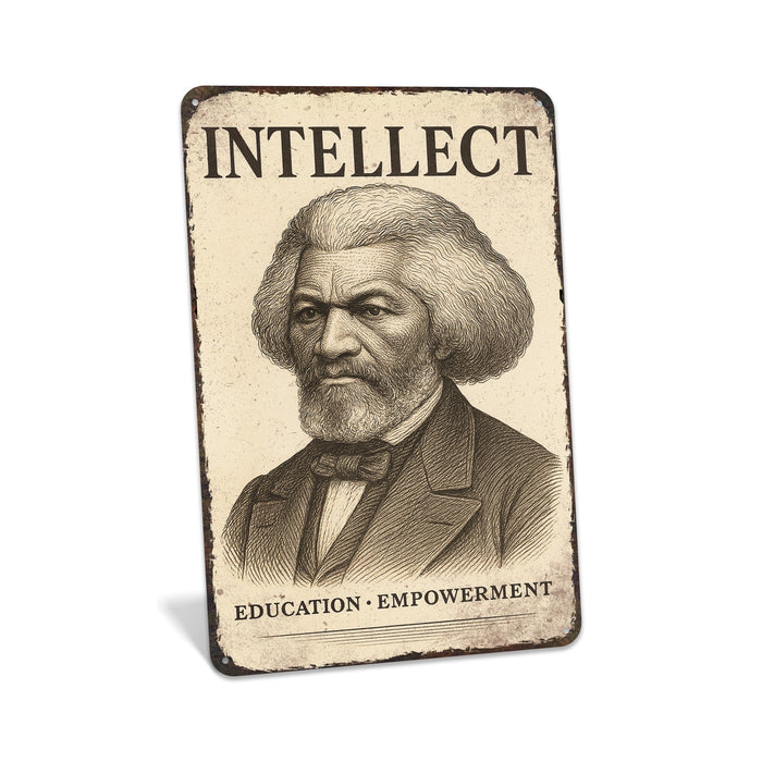 Rustic metal wall sign reading “Intellect” with historical-inspired portrait artwork, created as cultural wall décor.