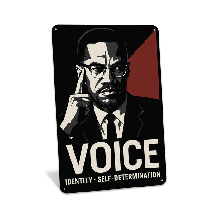 Rustic metal wall sign reading “Voice” with symbolic portrait imagery, designed as expressive cultural wall décor.