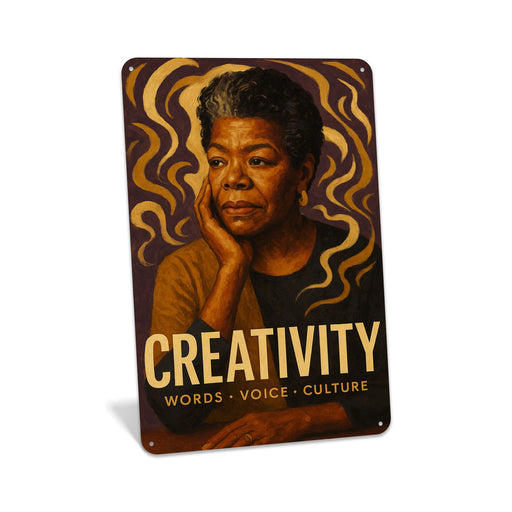 Rustic metal wall sign reading “Creativity” with artistic portrait imagery, designed as inspirational cultural wall décor.