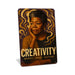 Rustic metal wall sign reading “Creativity” with artistic portrait imagery, designed as inspirational cultural wall décor.