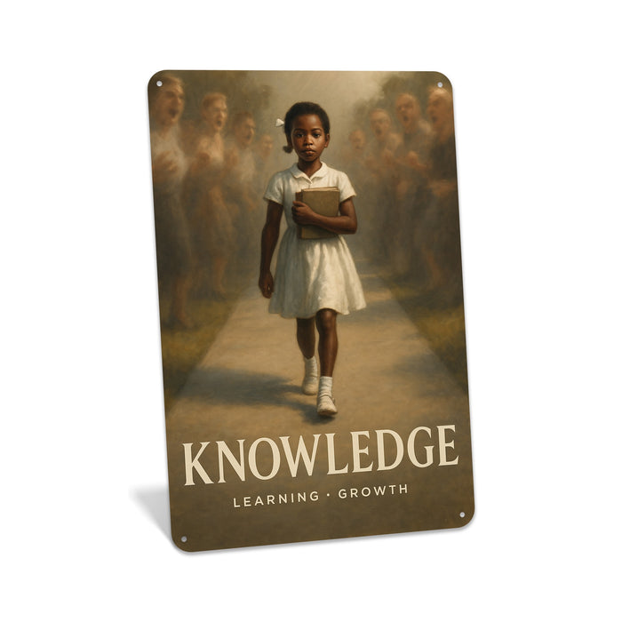 Rustic metal wall sign reading “Knowledge” with historical-inspired imagery, designed as educational and cultural wall décor.