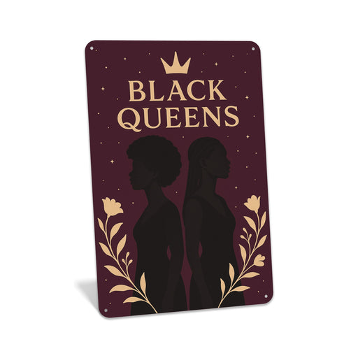 Rustic metal wall sign featuring the words “Black Queens” in bold typography, designed as empowering cultural wall décor.