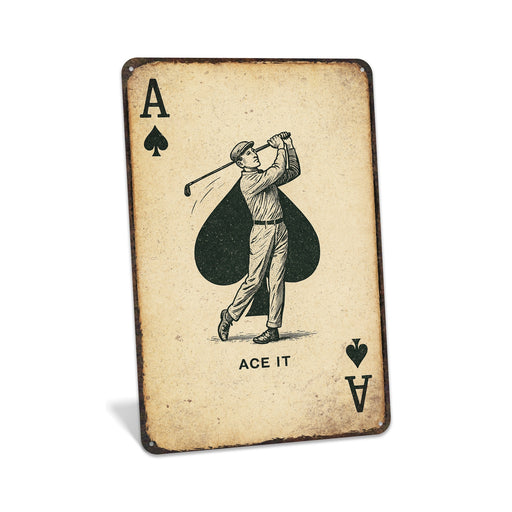Rustic metal golf sign featuring an Ace playing card design, styled as golf-themed wall décor.
