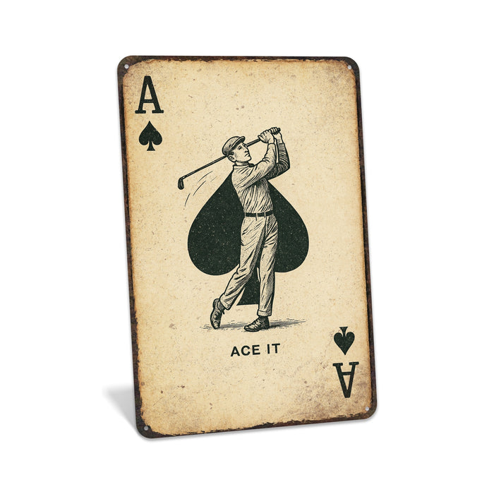Rustic metal golf sign featuring an Ace playing card design, styled as golf-themed wall décor.
