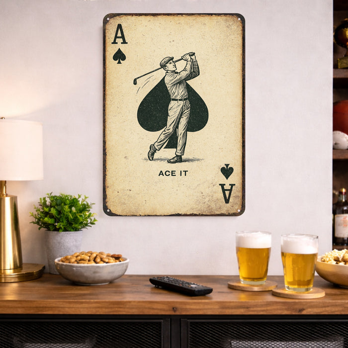 Ace It Rustic Golf Metal Sign – Playing Card Style Wall Décor