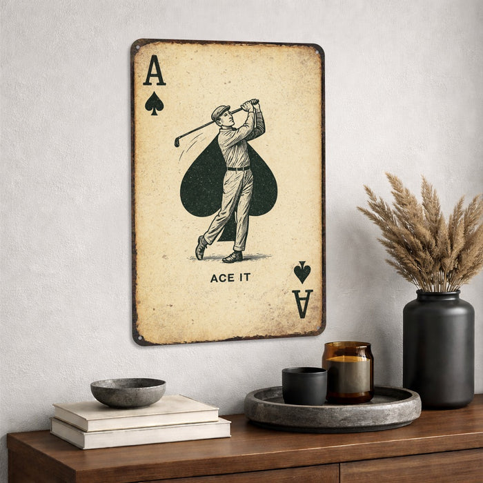 Ace It Rustic Golf Metal Sign – Playing Card Style Wall Décor