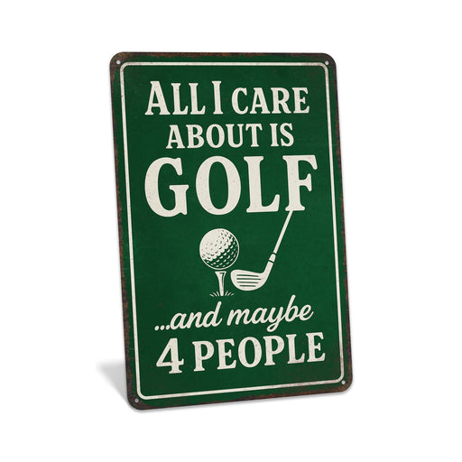 Rustic metal golf sign with humorous text about golf and people, designed as funny golf wall décor.

