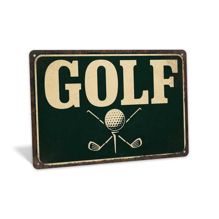 Rustic metal golf sign featuring a simple golf tee graphic, styled as minimal golf décor.

