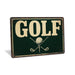 Rustic metal golf sign featuring a simple golf tee graphic, styled as minimal golf décor.
