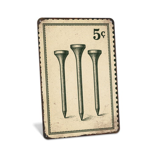 Rustic metal sign featuring a vintage-style stamp with three golf tees.
