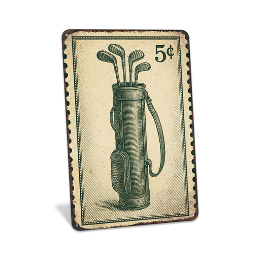 Rustic metal golf sign featuring a vintage stamp-style golf bag illustration.
