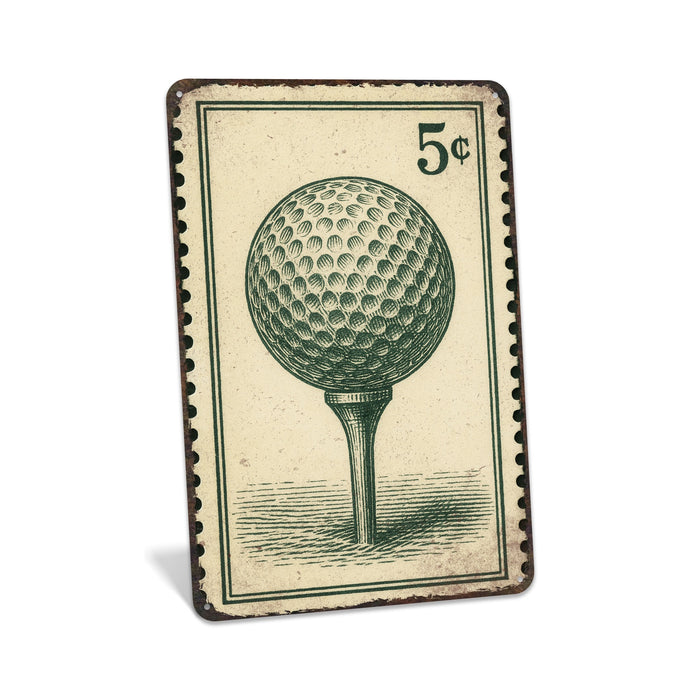 Rustic metal sign featuring a vintage golf ball stamp design.
