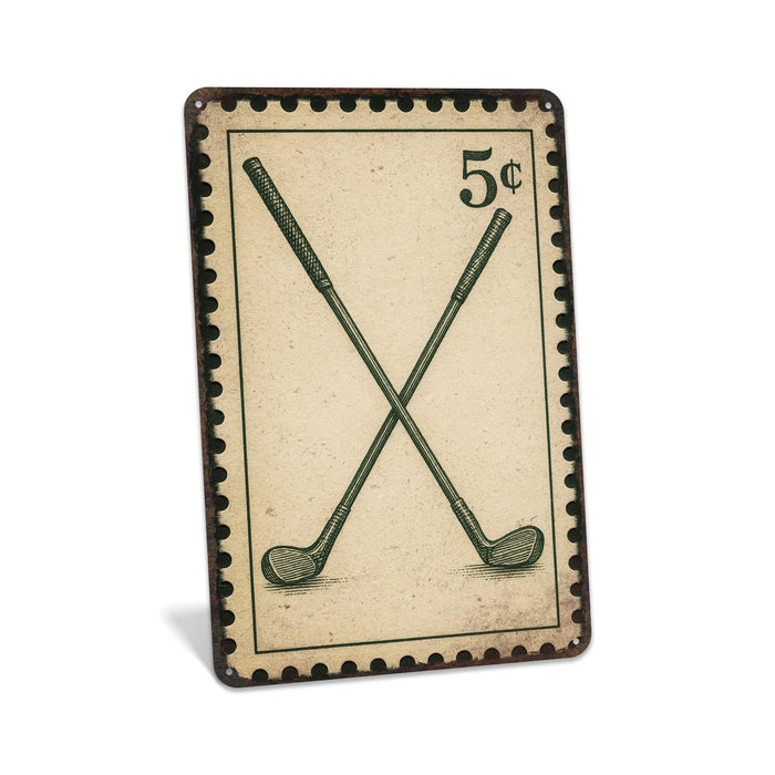 Rustic metal golf sign with crossed clubs illustrated in a vintage stamp style.
