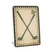 Rustic metal golf sign with crossed clubs illustrated in a vintage stamp style.
