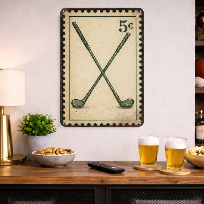 Crossed Golf Clubs Vintage Stamp Metal Sign
