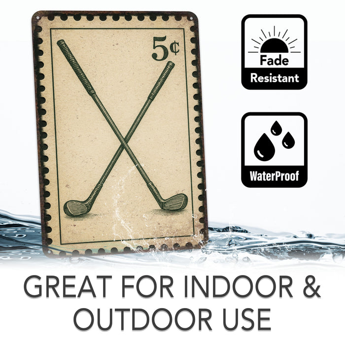 Crossed Golf Clubs Vintage Stamp Metal Sign