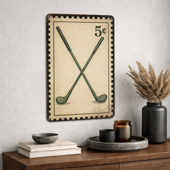 Crossed Golf Clubs Vintage Stamp Metal Sign