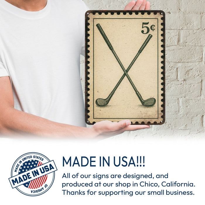 Crossed Golf Clubs Vintage Stamp Metal Sign