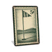 Rustic metal sign featuring a vintage stamp-style golf pin flag illustration.
