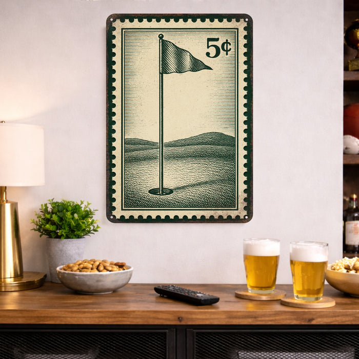 Vintage Golf Pin Flag Stamp Metal Sign
