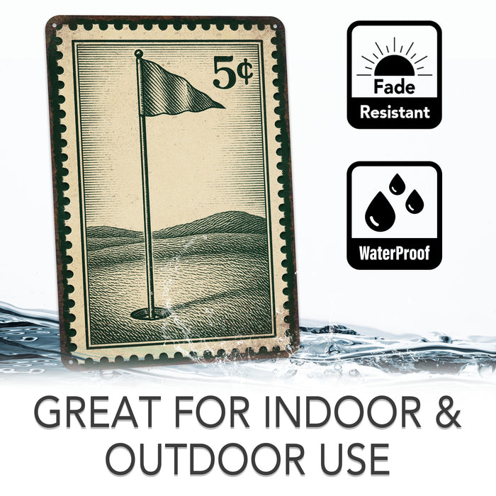 Vintage Golf Pin Flag Stamp Metal Sign