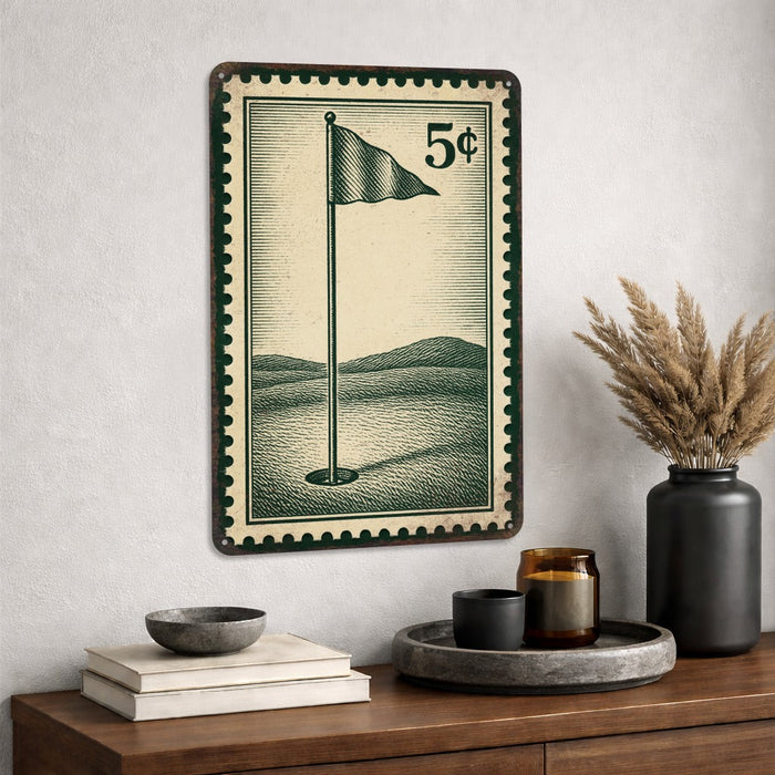 Vintage Golf Pin Flag Stamp Metal Sign