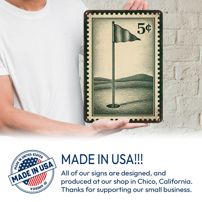 Vintage Golf Pin Flag Stamp Metal Sign