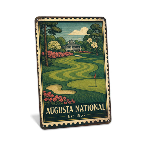 Rustic metal sign featuring a vintage stamp-style illustration inspired by Augusta National

