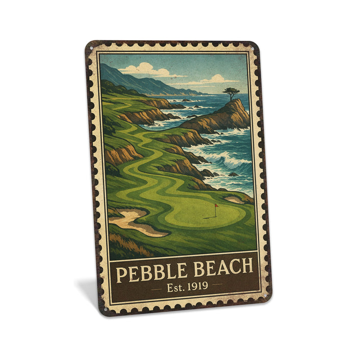 Rustic metal sign featuring a vintage stamp-style illustration inspired by Pebble Beach
