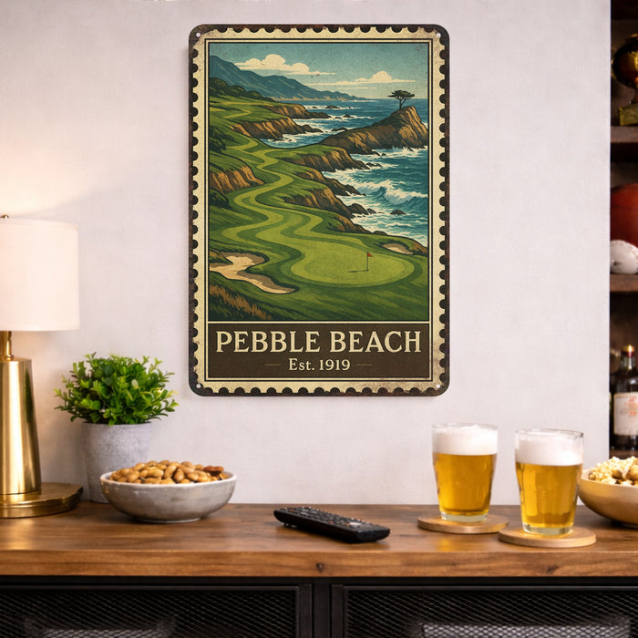 Pebble Beach Vintage Golf Course Stamp Metal Sign