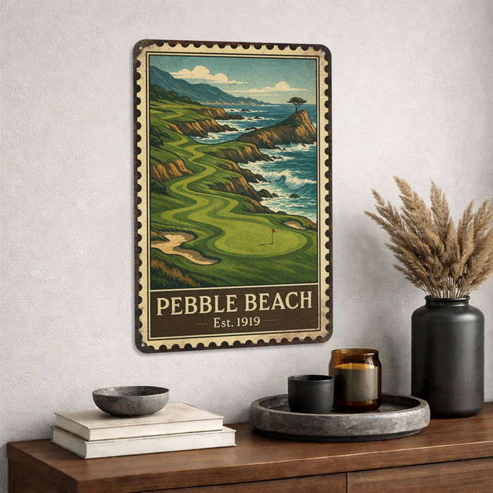 Pebble Beach Vintage Golf Course Stamp Metal Sign