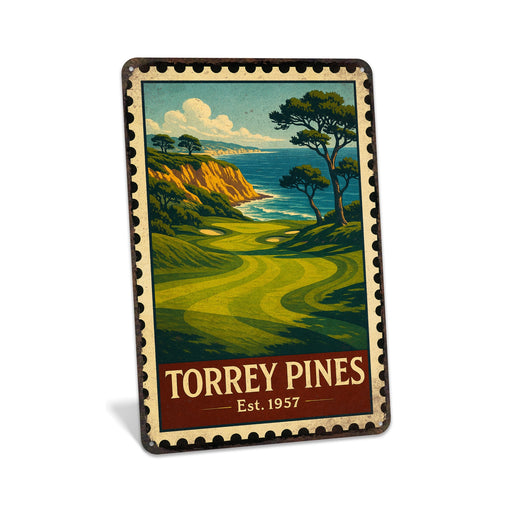 Rustic metal sign featuring a vintage stamp-style illustration inspired by Torrey Pines
